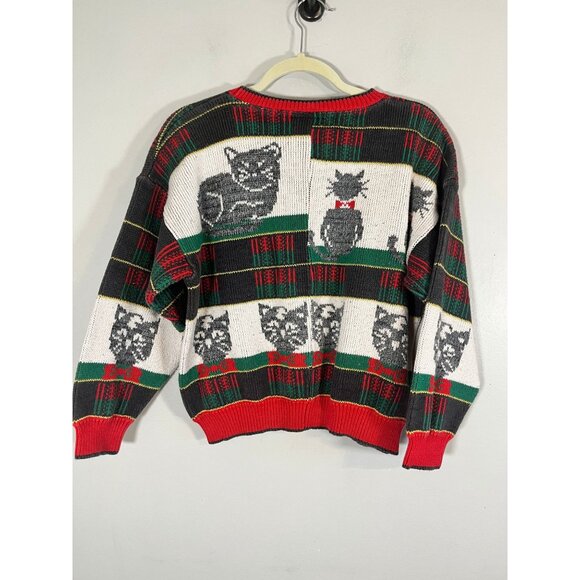 Vintage Knit Christmas Sweater S Cat Plaid Festive Holiday 80s Retro Classic - Picture 8 of 11